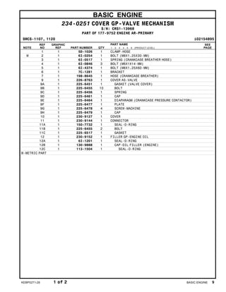 BASIC ENGINE
234-0251 COVER GP-VALVE MECHANISM
S/N: CRS1-13968
PART OF 177-9752 ENGINE AR-PRIMARY
SMCS-1107, 1120 i02154895
NOTE
REF
NO
GRAPHIC
REF PART NUMBER QTY
PART NAME
1 2 3 4 5 6 (PRODUCT LEVEL)
SEE
PAGE
1 1 5D-1026 1 CLAMP-HOSE
M 2 1 6I-0254 1 BOLT (M8X1.25X30-MM)
3 1 6I-0517 1 SPRING (CRANKCASE BREATHER HOSE)
4 1 6I-0846 3 BOLT (M6X1X14-MM)
5 1 6I-4374 1 BOLT (M8X1.25X60-MM)
6 1 7C-1281 1 BRACKET
7 1 198-8645 1 HOSE (CRANKCASE BREATHER)
9 1 226-8763 1 COVER AS-VALVE
9A 1 225-6451 1 GASKET (VALVE COVER)
9B 1 225-6455 10 BOLT
9C 1 225-6456 1 SPRING
9D 1 225-6461 1 CAP
9E 1 225-6464 1 DIAPHRAGM (CRANKCASE PRESSURE CONTACTOR)
9F 1 225-6477 1 PLATE
9G 1 225-6478 4 SCREW-MACHINE
9H 1 225-6479 1 CAP
10 1 230-9127 1 COVER
11 1 230-9144 1 CONNECTOR
11A 1 150-7732 1 SEAL-O-RING
11B 1 225-6455 2 BOLT
11C 1 225-6517 1 GASKET
12 1 230-9152 1 FILLER GP-ENGINE OIL
12A 1 6I-1201 1 SEAL-O-RING
12B 1 130-9888 1 CAP-OIL FILLER (ENGINE)
12C 1 113-1504 1 SEAL-O-RING
M-METRIC PART
KEBP0271-28 1 of 2 BASIC ENGINE 9
 