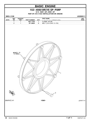 BASIC ENGINE
153-4980 DRIVE GP-PUMP
S/N: BZE1-UP; BZG1-UP
PART OF 219-4162 INSTALLATION AR-ENGINE
SMCS-3108 i02896511
NOTE
REF
NO
GRAPHIC
REF PART NUMBER QTY
PART NAME
1 2 3 4 5 6 (PRODUCT LEVEL)
SEE
PAGE
1 1 102-1733 1 FLANGE-NYLON
2 1 0T-0924 8 BOLT (3/8-24X1.5-IN)
GRAPHIC #1 <END> g00847131
32 BASIC ENGINE 1 of 1 KEBP0271-28
 