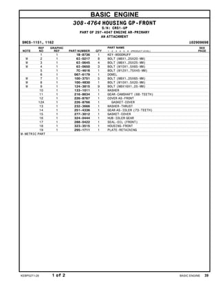 BASIC ENGINE
308-4764 HOUSING GP-FRONT
S/N: CRS1-UP
PART OF 297-4047 ENGINE AR-PRIMARY
AN ATTACHMENT
SMCS-1151, 1162 i02909698
NOTE
REF
NO
GRAPHIC
REF PART NUMBER QTY
PART NAME
1 2 3 4 5 6 (PRODUCT LEVEL)
SEE
PAGE
1 1 1B-8736 1 KEY-WOODRUFF
M 2 1 6I-0217 8 BOLT (M8X1.25X20-MM)
M 3 1 6I-0645 4 BOLT (M8X1.25X25-MM)
M 4 1 6I-0650 3 BOLT (M10X1.5X65-MM)
5 1 7C-4616 1 BOLT (M12X1.75X45-MM)
6 1 067-6179 1 DOWEL
M 7 1 100-3751 5 BOLT (M8X1.25X65-MM)
M 8 1 100-4830 1 BOLT (M10X1.5X20-MM)
M 9 1 124-3815 9 BOLT (M8X16X1.25-MM)
10 1 133-1011 1 WASHER
11 1 216-8634 1 GEAR-CAMSHAFT (68-TEETH)
12 1 226-8767 1 COVER AS-FRONT
12A 1 226-8766 1 GASKET-COVER
13 1 232-3666 1 WASHER-THRUST
14 1 251-4336 1 GEAR AS-IDLER (73-TEETH)
15 1 277-3012 1 GASKET-COVER
16 1 324-0444 1 HUB-IDLER GEAR
17 1 288-0422 1 SEAL-OIL (FRONT)
18 1 323-3515 1 HOUSING-FRONT
19 1 295-1711 1 PLATE-RETAINING
M-METRIC PART
KEBP0271-28 1 of 2 BASIC ENGINE 39
 