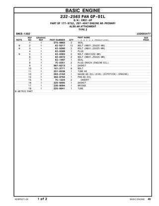 BASIC ENGINE
232-2565 PAN GP-OIL
S/N: CRS1-UP
PART OF 177-9752, 297-4047 ENGINE AR-PRIMARY
ALSO AN ATTACHMENT
TYPE 2
SMCS-1302 i02655477
NOTE
REF
NO
GRAPHIC
REF PART NUMBER QTY
PART NAME
1 2 3 4 5 6 (PRODUCT LEVEL)
SEE
PAGE
1 1 275-9883 2 SEAL
M 2 1 6I-0217 12 BOLT (M8X1.25X20-MM)
M 3 1 6I-0260 2 BOLT (M8X1.25X25-MM)
4 1 6I-0289 1 PLUG
M 5 1 6I-0363 2 BOLT (M6X1X20-MM)
6 1 6I-0572 2 BOLT (M8X1.25X20-MM)
7 1 6I-1497 1 SEAL
8 1 7C-0351 2 PLUG-DRAIN (ENGINE OIL)
9 1 067-6213 1 GASKET
10 1 101-3771 6 BOLT
11 1 251-8338 1 TUBE AS
13 1 263-2162 1 GAUGE AS-OIL LEVEL (DIPSTICK) (ENGINE)
14 1 304-8764 1 PAN AS-OIL
15 1 7C-1224 2 INSERT
16 1 225-6005 1 GASKET
17 1 230-8094 1 BRIDGE
18 1 225-6041 1 TUBE
M-METRIC PART
KEBP0271-28 1 of 2 BASIC ENGINE 49
 