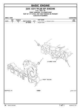 BASIC ENGINE
225-4317 PLUG GP-ENGINE
S/N: CRS1-UP
FRONT HOUSING, CYLINDER HEAD
PART OF 177-9752, 297-4047 ENGINE AR-PRIMARY
ALSO AN ATTACHMENT
SMCS-1000 i02052065
NOTE
REF
NO
GRAPHIC
REF PART NUMBER QTY
PART NAME
1 2 3 4 5 6 (PRODUCT LEVEL)
SEE
PAGE
1 1 2B-0858 3 PLUG-PIPE
GRAPHIC #1 <END> g00911937
54 BASIC ENGINE 1 of 1 KEBP0271-28
 