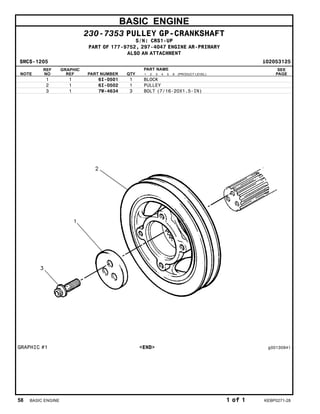 BASIC ENGINE
230-7353 PULLEY GP-CRANKSHAFT
S/N: CRS1-UP
PART OF 177-9752, 297-4047 ENGINE AR-PRIMARY
ALSO AN ATTACHMENT
SMCS-1205 i02053125
NOTE
REF
NO
GRAPHIC
REF PART NUMBER QTY
PART NAME
1 2 3 4 5 6 (PRODUCT LEVEL)
SEE
PAGE
1 1 6I-0501 1 BLOCK
2 1 6I-0502 1 PULLEY
3 1 7W-4634 3 BOLT (7/16-20X1.5-IN)
GRAPHIC #1 <END> g00130941
58 BASIC ENGINE 1 of 1 KEBP0271-28
 
