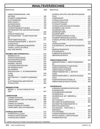 INHALTSVERZEICHNIS
Bezeichnung Seite Bezeichnung Seite
VIBRATIONSBANDAGE UND
ANTRIEB . . . . . . . . . . . . . . . . . . . . . . . . . . . . . . . . 186
STAMPFFUSSBANDAGE . . . . . . . . . . . . . . . . . . 191
GLATTBANDAGE . . . . . . . . . . . . . . . . . . . . . . . . . . 193
RADFLANSCH . . . . . . . . . . . . . . . . . . . . . . . . . . . . 194
ACHSGEHÄUSE . . . . . . . . . . . . . . . . . . . . . . . . . . 195
WALZENEINBAU . . . . . . . . . . . . . . . . . . . . . . . . . . 197
FAHRANTRIEBSLEITUNGEN . . . . . . . . . . . . . . 198
ANTRIEBSMOTOR UND BEFESTIGUNGS-
TEILE . . . . . . . . . . . . . . . . . . . . . . . . . . . . . . . . . . . . 200
RADAUFHAENGUNG . . . . . . . . . . . . . . . . . . . . . . 203
SEITENANTRIEB - PLANETENGETRIE-
BE . . . . . . . . . . . . . . . . . . . . . . . . . . . . . . . . . . . . . . . . 204
KRAFTÜBERTRAGUNG . . . . . . . . . . . . . . . . . . 211
FAHRANTRIEBSPUMPE U. BEFESTI-
GUNGSTEILE . . . . . . . . . . . . . . . . . . . . . . . . . . . . 212
STAMPFFUSSBANDAGENKÖRPER . . . . . . . . 216
*WHEEL & MTG GP-DRIVE . . . . . . . . . . . . . . . . 218
RAD UND REIFEN . . . . . . . . . . . . . . . . . . . . . . . . 219
RAHMEN UND FAHRGESTELL . . . . . . . . . . . . . . 223
RAMMSCHUTZ . . . . . . . . . . . . . . . . . . . . . . . . . . . . 223
FRONTSTOSSSTANGE . . . . . . . . . . . . . . . . . . . . 224
MOTORVERKLEIDUNG . . . . . . . . . . . . . . . . . . . . 227
VORDERRAHMEN . . . . . . . . . . . . . . . . . . . . . . . . 233
RAHMEN, HINTEN . . . . . . . . . . . . . . . . . . . . . . . . 234
LEITUNGSVERKLEIDUNG . . . . . . . . . . . . . . . . 236
GETRIEBESCHUTZ . . . . . . . . . . . . . . . . . . . . . . 238
GELAENDER . . . . . . . . . . . . . . . . . . . . . . . . . . . . 239
KNICKGELENK- U. SCHWINGANHÄN-
GUNG . . . . . . . . . . . . . . . . . . . . . . . . . . . . . . . . . . . . 240
HAUBE . . . . . . . . . . . . . . . . . . . . . . . . . . . . . . . . . . 241
ABSTREIFER F. STAMPFFUSSBANDA-
GE . . . . . . . . . . . . . . . . . . . . . . . . . . . . . . . . . . . . . . 255
GLATTBANDAGEN-ABSTREIFER . . . . . . . . . . 257
STEIGLEITER . . . . . . . . . . . . . . . . . . . . . . . . . . . . 260
BREMSSYSTEM . . . . . . . . . . . . . . . . . . . . . . . . . . . . 261
BREMS- U. SCHALTUNGSLEITUN-
GEN . . . . . . . . . . . . . . . . . . . . . . . . . . . . . . . . . . . . . . 261
LENKSYSTEM . . . . . . . . . . . . . . . . . . . . . . . . . . . . . . 263
LENKBETÄTIGUNG . . . . . . . . . . . . . . . . . . . . . . 263
LENKZYLINDER UND AUFHÄNGUNG . . . . . . 265
LENKKNOPF . . . . . . . . . . . . . . . . . . . . . . . . . . . . . . 269
LENKÖLLEITUNGEN . . . . . . . . . . . . . . . . . . . . . . 270
LENKZYLINDERLEITUNGEN . . . . . . . . . . . . . . 271
LENKPUMPE UND AUFHÄNGUNG . . . . . . . . 272
HYDRAULIKSYSTEM . . . . . . . . . . . . . . . . . . . . . . . . 273
PUMPENSTELLGLIED . . . . . . . . . . . . . . . . . . . . 273
HYDRAULIKSTEUERUNG . . . . . . . . . . . . . . . . 275
HYDRAULIKZYLINDER . . . . . . . . . . . . . . . . . . . . 276
HYDRAULIKFILTER UND BEFESTIGUNGS-
TEILE . . . . . . . . . . . . . . . . . . . . . . . . . . . . . . . . . . . . 278
PUMPENKOPF . . . . . . . . . . . . . . . . . . . . . . . . . . . . 280
HYDRAULIKSYSTEM . . . . . . . . . . . . . . . . . . . . . . 288
ZUSATZHYDRAULIK . . . . . . . . . . . . . . . . . . . . . . 288
FILTERLEITUNGEN . . . . . . . . . . . . . . . . . . . . . . 289
HYDRAULIKÖLKÜHLERLEITUNGEN . . . . . . 290
KRÜMMER UND VENTIL . . . . . . . . . . . . . . . . . . 291
KOLBENMOTOR . . . . . . . . . . . . . . . . . . . . . . . . . . 293
ZAHNRADPUMPE . . . . . . . . . . . . . . . . . . . . . . . . 305
KOLBENPUMPE . . . . . . . . . . . . . . . . . . . . . . . . . . 306
MOTORDREHVORRICHTUNG . . . . . . . . . . . . 316
KOLBENPUMPENUMLAUFSATZ . . . . . . . . . . 317
HYDRAULIKTANK UND BEFESTIGUNGS-
TEILE . . . . . . . . . . . . . . . . . . . . . . . . . . . . . . . . . . . . 322
HYDRAULIKTANK . . . . . . . . . . . . . . . . . . . . . . . . 330
STEUERVENTIL UND BEFESTIGUNGSTEI-
LE . . . . . . . . . . . . . . . . . . . . . . . . . . . . . . . . . . . . . . . . 334
NEBENSTROMVENTIL . . . . . . . . . . . . . . . . . . . . 335
STEUERVENTIL . . . . . . . . . . . . . . . . . . . . . . . . . . 336
PUMPENSTEUERVENTIL . . . . . . . . . . . . . . . . . . 338
ÜBERDRUCKVENTIL . . . . . . . . . . . . . . . . . . . . . . 343
VIBRATIONSSYSTEM . . . . . . . . . . . . . . . . . . . . . . . . 344
NEBENANTRIEB U. VIBRATIONSBANDA-
GE . . . . . . . . . . . . . . . . . . . . . . . . . . . . . . . . . . . . . . 344
EXZENTERGEWICHTSGEHÄUSE . . . . . . . . . . 345
VIBRATIONSHYDRAULIK . . . . . . . . . . . . . . . . . . 351
VIBRATIONSLEITUNGEN . . . . . . . . . . . . . . . . . . 352
VIBRATIONSMOTOR U. BEFESTI-
GUNG . . . . . . . . . . . . . . . . . . . . . . . . . . . . . . . . . . . . 354
VIBRATIONSPUMPE U. BEFESTIGUNGS-
TEILE . . . . . . . . . . . . . . . . . . . . . . . . . . . . . . . . . . . . 355
EXZENTERGEWICHTSWELLE . . . . . . . . . . . . 359
VIBRATIONSUNTERSTÜTZUNG . . . . . . . . . . 362
FAHRERHAUS . . . . . . . . . . . . . . . . . . . . . . . . . . . . . . 364
KLIMAANLAGENDRUCKSPEICHER . . . . . . . . 364
KLIMAANLAGE . . . . . . . . . . . . . . . . . . . . . . . . . . . . 366
SCHEIBENWISCHERARM . . . . . . . . . . . . . . . . 375
FAHRERHAUS . . . . . . . . . . . . . . . . . . . . . . . . . . . . 376
FAHRERHAUS MIT ÜBERROLL-
SCHUTZ . . . . . . . . . . . . . . . . . . . . . . . . . . . . . . . . . . 377
WETTERDACH . . . . . . . . . . . . . . . . . . . . . . . . . . . . 383
KÄLTEMITTELKOMPRESSOR . . . . . . . . . . . . 384
KÄLTEMITTELKONDENSATOR U.
BEFESTIGUNGSTEILE . . . . . . . . . . . . . . . . . . . . 387
STEUERUNG - RICHTUNG U.
DREHZAHL . . . . . . . . . . . . . . . . . . . . . . . . . . . . . . 388
STEUERHEBEL . . . . . . . . . . . . . . . . . . . . . . . . . . 390
FAHRANTRIEBSSTEUERUNG . . . . . . . . . . . . 391
KIPPZYLINDER U. BEFESTIGUNG . . . . . . . . 395
FAHRERHAUSTÜR . . . . . . . . . . . . . . . . . . . . . . . . 397
* ÜBERSETZUNG ZUM ZEITPUNKT DER DRUCKLEGUNG NICHT VORHANDEN
A14 INHALTSVERZEICHNIS KEBP0271-28
 