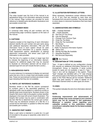 GENERAL INFORMATION
6. INDEX
The index located near the front of the manual is an
alphabetical listing of all information elements included
in the manual. Page numbers are provided for quick
reference to detailed parts identiﬁcation illustrations and
serviceable consist lists.
7. PART NUMBER INDEX
A numerical index listing all part numbers and the
corresponding page number(s) appears at the back of
the manual.
8. CAPTIONS
Captions located at the beginning of each information
element identify the part number and part name along
with additional descriptive information. PIN and S/N
information found in each caption should be used
to select correct information for a speciﬁc machine.
Field replacement options, identiﬁcation of optional
attachment components, and where used ("part of")
information is also provided.
The ﬁrst line of a caption is shown in larger type font
to indicate the beginning of an information element.
Captions for additional pages that may be required
to illustrate an information element will be shown in
standard type font and will include the term (contd.) .
9. NON-SERVICED PARTS
In some instances it is necessary to display non-serviced
parts that are a link to a lower level serviceable consist
lists. These non-serviced part numbers are shown in italic
type indicating that they are not available.
10. PARTS LIST REFERENCE NUMBERS
Numbers shown in the Ref No column correspond
to numbers used in the associated graphic(s). An
alphabetic sufﬁx may be added to a reference number to
identify lower level consist items. Numbers shown in the
Graphic Ref column refer to the graphic number identiﬁer
displayed in the lower left corner of each illustration. The
Graphic Ref number may be used in combination with
the item Ref No to determine the correct part number.
There may be intentional omission of a Ref No in a
consist list as information is updated to reﬂect the latest
serviceable part numbers.
11. INDENTED PART NAMES
When a part name is indented in a parts list, it is part
of (included in) the group or assembly under which it is
indented.
12. ILLUSTRATION REFERENCE LETTERS
When necessary, illustrations contain reference letters
(A, B, C etc.) that are intended to track lines and
harnesses from one point to another. They are also used
to show where to reconnect illustrations that have been
separated.
13. ABBREVIATIONS AND SYMBOLS
O.D. – Outside Diameter
I.D. – Inside Diameter
A – Not Part Of This Group
B – Use As Required
C – Change From Previous Type
D – Order By The Meter
E – Order By The Centimeter
F – Not Shown
G – Order By The Inch
I – Refer To Hydraulic Information System
M – Metric Part
R – Remfg Part May Be Available
Y – Separate Illustration
Z – Not Serviced Separately
14. DESCRIPTION OF TYPE CHANGES
Type - A type is deﬁned as any conﬁguration change
that requires an additional Information Element for an
Arrangement, Group, or Assembly. If serial number
breaks for types are not available, a type # ( Type 1,
Type 2, etc.) will be displayed in the caption. These
"type" changes are identiﬁed with a "C" note (change
from previous type) in the Parts List. Only the "types" that
apply to this Parts Manual will be included. Additional
types may exist causing "C" notes to appear on an
Information Element when no other types are shown.
15.<END>
This symbol indicates the end of an information element.
NOTE:
Continuing improvement and advancement of
product design may cause changes to your machine
which may not be included in this publication.
Whenever a question arises regarding your
caterpillar product or this publication, please
consult your caterpillar dealer for the latest available
information.
KEBP0271-28 GENERAL INFORMATION A17
 