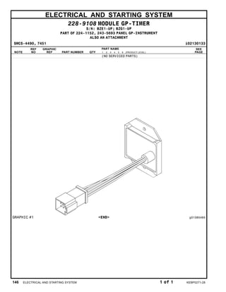 ELECTRICAL AND STARTING SYSTEM
228-9108 MODULE GP-TIMER
S/N: BZE1-UP; BZG1-UP
PART OF 224-1152, 243-5693 PANEL GP-INSTRUMENT
ALSO AN ATTACHMENT
SMCS-4490, 7451 i02130133
NOTE
REF
NO
GRAPHIC
REF PART NUMBER QTY
PART NAME
1 2 3 4 5 6 (PRODUCT LEVEL)
SEE
PAGE
(NO SERVICED PARTS)
GRAPHIC #1 <END> g01085465
146 ELECTRICAL AND STARTING SYSTEM 1 of 1 KEBP0271-28
 
