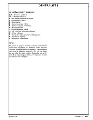 GÉNÉRALITÉS
13. ABRÉVIATIONS ET SYMBOLES
O.D. – Diamètre extérieur
I.D. – Diamètre intérieur
A – Ne fait pas partie de ce groupe
B – Utiliser selon besoin
C – Modiﬁcation
D – Commander par mètre
E – Commander par centimètre
F – Non représenté
G – Commander par pouce
I – Voir "Hydraulic Information System"
M – Pièce métrique
R – Pièce rénovée éventuellement disponible
Y – Illustration séparée
Z – Non fourni séparément
NOTA:
En raison du progrès technique et des améliorations
continuelles apportées au matériel, votre machine
comporte peut-être des modiﬁcations qui n’apparaissent
pas dans la présente publication. En cas de doute
sur un détail de votre machine Caterpillar ou sur le
texte de la présente publication, adressez-vous à votre
concessionnaire Caterpillar.
KEBP0271-28 GÉNÉRALITÉS A21
 