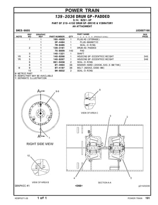 POWER TRAIN
139-2036 DRUM GP-PADDED
S/N: BZG1-UP
PART OF 219-4192 DRUM GP-DRIVE & VIBRATORY
AN ATTACHMENT
SMCS-6605 i03007166
NOTE
REF
NO
GRAPHIC
REF PART NUMBER QTY
PART NAME
1 2 3 4 5 6 (PRODUCT LEVEL)
SEE
PAGE
1 1 165-4929 1 PLUG AS (STORAGE)
1 5P-4484 1 PLUG-MAGNETIC
1 7M-8485 1 SEAL-O-RING
2 1 139-3181 1 DRUM AS-PADDED
1 7X-8009 140 PAD
3 1 140-1321 1 SHAFT
YR 4 1 140-8266 1 HOUSING GP-ECCENTRIC WEIGHT 345
YR 5 1 140-8267 1 HOUSING GP-ECCENTRIC WEIGHT 346
6 1 061-9458 2 SEAL-O-RING
8 1 8T-4994 36 WASHER-HARD (20X36.5X3.5-MM THK)
M 9 1 8T-4187 36 BOLT (M20X2.5X80-MM)
10 1 9H-6832 2 SEAL-O-RING
M-METRIC PART
R-REMFG PART MAY BE AVAILABLE
Y-SEPARATE ILLUSTRATION
GRAPHIC #1 <END> g01525239
KEBP0271-28 1 of 1 POWER TRAIN 191
 