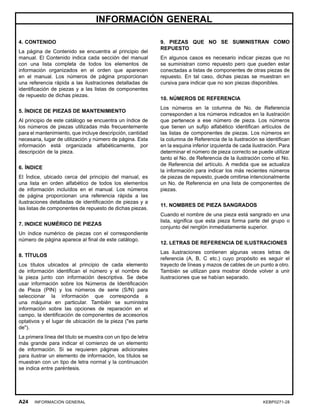 INFORMACIÓN GENERAL
4. CONTENIDO
La página de Contenido se encuentra al principio del
manual. El Contenido indica cada sección del manual
con una lista completa de todos los elementos de
información organizados en el orden que aparecen
en el manual. Los números de página proporcionan
una referencia rápida a las ilustraciones detalladas de
identiﬁcación de piezas y a las listas de componentes
de repuesto de dichas piezas.
5. ÍNDICE DE PIEZAS DE MANTENIMIENTO
Al principio de este catálogo se encuentra un índice de
los números de piezas utilizadas más frecuentemente
para el mantenimiento, que incluye descripción, cantidad
necesaria, lugar de utilización y número de página. Esta
información está organizada alfabéticamente, por
descripción de la pieza.
6. ÍNDICE
El Índice, ubicado cerca del principio del manual, es
una lista en orden alfabético de todos los elementos
de información incluídos en el manual. Los números
de página proporcionan una referencia rápida a las
ilustraciones detalladas de identiﬁcación de piezas y a
las listas de componentes de repuesto de dichas piezas.
7. INDICE NUMÉRICO DE PIEZAS
Un índice numérico de piezas con el correspondiente
número de página aparece al ﬁnal de este catálogo.
8. TÍTULOS
Los títulos ubicados al principio de cada elemento
de información identiﬁcan el número y el nombre de
la pieza junto con información descriptiva. Se debe
usar información sobre los Números de Identiﬁcación
de Pieza (PIN) y los números de serie (S/N) para
seleccionar la información que corresponda a
una máquina en particular. También se suministra
información sobre las opciones de reparación en el
campo, la identiﬁcación de componentes de accesorios
optativos y el lugar de ubicación de la pieza ("es parte
de").
La primera línea del título se muestra con un tipo de letra
más grande para indicar el comienzo de un elemento
de información. Si se requieren páginas adicionales
para ilustrar un elemento de información, los títulos se
muestran con un tipo de letra normal y la continuación
se indica entre paréntesis.
9. PIEZAS QUE NO SE SUMINISTRAN COMO
REPUESTO
En algunos casos es necesario indicar piezas que no
se suministran como repuesto pero que pueden estar
conectadas a listas de componentes de otras piezas de
repuesto. En tal caso, dichas piezas se muestran en
cursiva para indicar que no son piezas disponibles.
10. NÚMEROS DE REFERENCIA
Los números en la columna de No. de Referencia
corresponden a los números indicados en la ilustración
que pertenece a ese número de pieza. Los números
que tienen un suﬁjo alfabético identiﬁcan artículos de
las listas de componentes de piezas. Los números en
la columna de Referencia de la ilustración se identiﬁcan
en la esquina inferior izquierda de cada ilustración. Para
determinar el número de pieza correcto se puede utilizar
tanto el No. de Referencia de la ilustración como el No.
de Referencia del artículo. A medida que se actualiza
la información para indicar los más recientes números
de piezas de repuesto, puede omitirse intencionalmente
un No. de Referencia en una lista de componentes de
piezas.
11. NOMBRES DE PIEZA SANGRADOS
Cuando el nombre de una pieza está sangrado en una
lista, signiﬁca que esta pieza forma parte del grupo o
conjunto del renglón inmediatamente superior.
12. LETRAS DE REFERENCIA DE ILUSTRACIONES
Las ilustraciones contienen algunas veces letras de
referencia (A, B, C etc.) cuyo propósito es seguir el
trayecto de líneas y mazos de cables de un punto a otro.
También se utilizan para mostrar dónde volver a unir
ilustraciones que se habían separado.
A24 INFORMACIÓN GENERAL KEBP0271-28
 