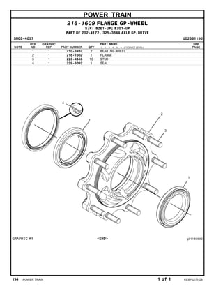 POWER TRAIN
216-1609 FLANGE GP-WHEEL
S/N: BZE1-UP; BZG1-UP
PART OF 202-4172, 325-3644 AXLE GP-DRIVE
SMCS-4057 i02361150
NOTE
REF
NO
GRAPHIC
REF PART NUMBER QTY
PART NAME
1 2 3 4 5 6 (PRODUCT LEVEL)
SEE
PAGE
1 1 210-5932 2 BEARING-WHEEL
2 1 216-1602 1 FLANGE
3 1 226-4346 10 STUD
4 1 229-5092 1 SEAL
GRAPHIC #1 <END> g01180592
194 POWER TRAIN 1 of 1 KEBP0271-28
 
