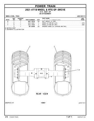 POWER TRAIN
203-4718 WHEEL & MTG GP-DRIVE
S/N: BZE1-UP
AN ATTACHMENT
SMCS-4199, 7553 i02142111
NOTE
REF
NO
GRAPHIC
REF PART NUMBER QTY
PART NAME
1 2 3 4 5 6 (PRODUCT LEVEL)
SEE
PAGE
M 1 1 201-1919 20 NUT (M20X1.5-THD)
Y 2 1 203-4687 1 WHEEL & TIRE GP (LH) 219
Y 3 1 203-4688 1 WHEEL & TIRE GP (RH) 220
4 1 8T-5439 20 WASHER-HARD (21.5X45X6-MM THK)
M-METRIC PART
Y-SEPARATE ILLUSTRATION
GRAPHIC #1 <END> g00917041
218 POWER TRAIN 1 of 1 KEBP0271-28
 