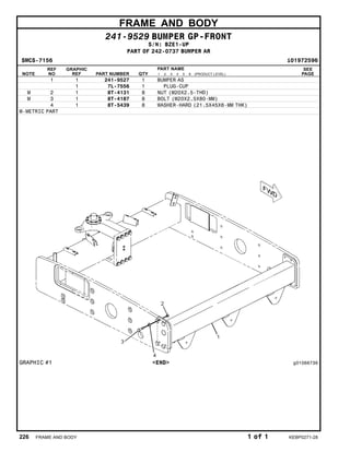FRAME AND BODY
241-9529 BUMPER GP-FRONT
S/N: BZE1-UP
PART OF 242-0737 BUMPER AR
SMCS-7156 i01972596
NOTE
REF
NO
GRAPHIC
REF PART NUMBER QTY
PART NAME
1 2 3 4 5 6 (PRODUCT LEVEL)
SEE
PAGE
1 1 241-9527 1 BUMPER AS
1 7L-7556 1 PLUG-CUP
M 2 1 8T-4131 8 NUT (M20X2.5-THD)
M 3 1 8T-4187 8 BOLT (M20X2.5X80-MM)
4 1 8T-5439 8 WASHER-HARD (21.5X45X6-MM THK)
M-METRIC PART
GRAPHIC #1 <END> g01066736
226 FRAME AND BODY 1 of 1 KEBP0271-28
 