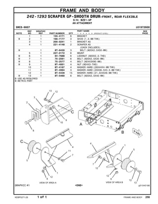 FRAME AND BODY
242-1293 SCRAPER GP-SMOOTH DRUM–FRONT, REAR FLEXIBLE
S/N: BZE1-UP
AN ATTACHMENT
SMCS-6607 i01972600
NOTE
REF
NO
GRAPHIC
REF PART NUMBER QTY
PART NAME
1 2 3 4 5 6 (PRODUCT LEVEL)
SEE
PAGE
1 1 155-4171 6 BRACKET
B 2 1 166-7177 3 SHIM (1.5-MM THK)
3 1 200-0241 1 BRACKET AS
4 1 221-4148 2 SCRAPER AS
(EACH INCLUDES)
M 1 8T-6430 3 BOLT (M20X2.5X50-MM)
5 1 227-0172 6 MOUNT
M 6 1 6V-7688 6 LOCKNUT (M20X2.5-THD)
M 7 1 7X-2561 6 BOLT (M20X2.5X35-MM)
M 8 1 7X-2577 4 BOLT (M24X3X90-MM)
M 9 1 8T-4001 4 NUT (M24X3-THD)
10 1 8T-4167 4 WASHER-HARD (26X44X4-MM THK)
11 1 8T-4994 3 WASHER-HARD (20X36.5X3.5-MM THK)
12 1 8T-5439 15 WASHER-HARD (21.5X45X6-MM THK)
M 13 1 8T-5460 6 BOLT (M20X2.5X40-MM)
B-USE AS REQUIRED
M-METRIC PART
GRAPHIC #1 <END> g01040188
KEBP0271-28 1 of 1 FRAME AND BODY 259
 