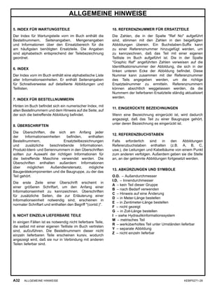 ALLGEMEINE HINWEISE
5. INDEX FÜR WARTUNGSTEILE
Der Index für Wartungsteile vorn im Buch enthält die
Bestellnummern, Seitenangaben, Mengenangaben
und Informationen über den Einsatzbereich für die
am häuﬁgsten benötigten Ersatzteile. Die Angaben
sind alphabetisch entsprechend der Teilebezeichnung
geordnet.
6. INDEX
Der Index vorn im Buch enthält eine alphabetische Liste
aller Informationseinheiten. Er enthält Seitenangaben
für Schnellverweise auf detaillierte Abbildungen und
Teillisten.
7. INDEX FÜR BESTELLNUMMERN
Hinten im Buch beﬁndet sich ein numerischer Index, mit
allen Bestellnummern und dem Hinweis auf die Seite, auf
der sich die betreffende Abbildung beﬁndet.
8. ÜBERSCHRIFTEN
Die Überschriften, die sich am Anfang jeder
der Informationseinheiten beﬁnden, enthalten
Bestellnummern, Ersatzteilbezeichnungen
und zusätzliche beschreibende Informationen.
Produkt-Ident- und Seriennummern in den Überschriften
sollten zur Auswahl der richtigen Informationen für
die betreffende Maschine verwendet werden. Die
Überschriften enthalten außerdem Informationen
über möglichen Außendienstersatz, mögliche
Baugerätekomponenten und die Baugruppe, zu der das
Teil gehört.
Die erste Zeile einer Überschrift erscheint in
einer größeren Schriftart, um den Anfang einer
Informationseinheit zu kennzeichnen. Überschriften
für zusätzliche Seiten, die zur Erläuterung einer
Informationseinheit notwendig sind, erscheinen in
normaler Schriftart und enthalten den Begriff "(contd.)".
9. NICHT EINZELN LIEFERBARE TEILE
In einigen Fällen ist es notwendig nicht lieferbare Teile,
die selbst mit einer eigenen Teilliste im Buch vertreten
sind, aufzuführen. Die Bestellnummern dieser nicht
einzeln lieferbaren Teile erscheinen kursiv, wodurch
angezeigt wird, daß sie nur in Verbindung mit anderen
Teilen lieferbar sind.
10. REFERENZNUMMER FÜR ERSATZTEILE
Die Zahlen, die in der Spalte "Ref No" aufgeführt
sind, stimmen mit den Zahlen in den beigefügten
Abbildungen überein. Ein Buchstaben-Sufﬁx kann
zu einer Referenznummer hinzugefügt werden, um
zu kennzeichnen, daß das Teil mit einer eigenen
Teilliste im Buch aufgeführt ist. Die in der Spalte
"Graphic Ref" angeführten Zahlen verweisen auf die
Identiﬁkationsnummer der Abbildung, die sich in der
linken unteren Ecke der Abbildung beﬁndet. Diese
Nummer kann zusammen mit der Referenznummer
des Teils angegeben werden, um die richtige
Ersatzteilnummer zu ermitteln. Referenznummern
können absichtlich weggelassen werden, da die
Nummern der lieferbaren Ersatzteile ständig aktualisiert
werden.
11. EINGERÜCKTE BEZEICHNUNGEN
Wenn eine Bezeichnung eingerückt ist, wird dadurch
angezeigt, daß das Teil zu einer Baugruppe gehört,
unter deren Bezeichnung es eingerückt ist.
12. REFERENZBUCHSTABEN
Falls erforderlich sind in den Abbildungen
Referenzbuchstaben enthalten (z.B. A, B, C,
usw.), die Leitungen und Kabelbäume von einem Punkt
zum anderen verfolgen. Außerdem geben sie die Stelle
an, an der getrennte Abbildungen fortgesetzt werden.
13. ABKÜRZUNGEN UND SYMBOLE
O.D. – Außendurchmesser
I.D. – Innendurchmesser
A – kein Teil dieser Gruppe
B – nach Bedarf verwenden
C – Hinweis auf eine Änderung
D – in Meter-Länge bestellen
E – in Zentimeter-Länge bestellen
F – nicht gezeigt
G – in Zoll-Länge bestellen
I – siehe Hydraulikinformationssystem
M – metrisches Teil
R – werküberholtes Teil unter Umständen lieferbar
Y – separate Abbildung
Z – nicht einzeln lieferbar
A32 ALLGEMEINE HINWEISE KEBP0271-28
 