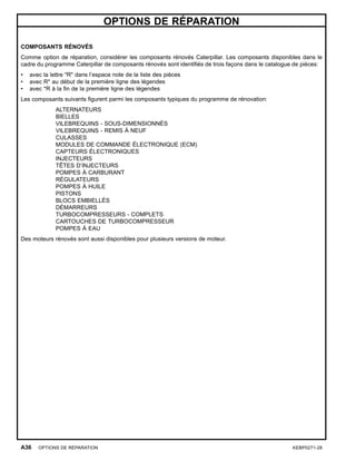 OPTIONS DE RÉPARATION
COMPOSANTS RÉNOVÉS
Comme option de réparation, considérer les composants rénovés Caterpillar. Les composants disponibles dans le
cadre du programme Caterpillar de composants rénovés sont identiﬁés de trois façons dans le catalogue de pièces:
• avec la lettre "R" dans l’espace note de la liste des pièces
• avec R* au début de la première ligne des légendes
• avec *R à la ﬁn de la première ligne des légendes
Les composants suivants ﬁgurent parmi les composants typiques du programme de rénovation:
ALTERNATEURS
BIELLES
VILEBREQUINS - SOUS-DIMENSIONNÉS
VILEBREQUINS - REMIS À NEUF
CULASSES
MODULES DE COMMANDE ÉLECTRONIQUE (ECM)
CAPTEURS ÉLECTRONIQUES
INJECTEURS
TÊTES D’INJECTEURS
POMPES À CARBURANT
RÉGULATEURS
POMPES À HUILE
PISTONS
BLOCS EMBIELLÉS
DÉMARREURS
TURBOCOMPRESSEURS - COMPLETS
CARTOUCHES DE TURBOCOMPRESSEUR
POMPES À EAU
Des moteurs rénovés sont aussi disponibles pour plusieurs versions de moteur.
A36 OPTIONS DE RÉPARATION KEBP0271-28
 