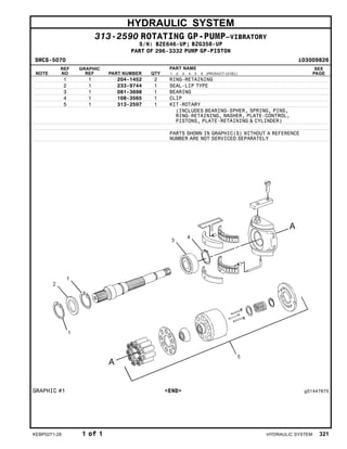HYDRAULIC SYSTEM
313-2590 ROTATING GP-PUMP–VIBRATORY
S/N: BZE646-UP; BZG358-UP
PART OF 296-3332 PUMP GP-PISTON
SMCS-5070 i03009826
NOTE
REF
NO
GRAPHIC
REF PART NUMBER QTY
PART NAME
1 2 3 4 5 6 (PRODUCT LEVEL)
SEE
PAGE
1 1 204-1452 2 RING-RETAINING
2 1 233-9744 1 SEAL-LIP TYPE
3 1 081-3698 1 BEARING
4 1 108-3565 1 CLIP
5 1 313-2597 1 KIT-ROTARY
(INCLUDES BEARING-SPHER, SPRING, PINS,
RING-RETAINING, WASHER, PLATE-CONTROL,
PISTONS, PLATE-RETAINING & CYLINDER)
PARTS SHOWN IN GRAPHIC(S) WITHOUT A REFERENCE
NUMBER ARE NOT SERVICED SEPARATELY
GRAPHIC #1 <END> g01447675
KEBP0271-28 1 of 1 HYDRAULIC SYSTEM 321
 