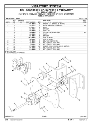 VIBRATORY SYSTEM
193-5892 DRIVE GP-SUPPORT & VIBRATORY
S/N: BZE1-UP; BZG1-UP
PART OF 219-4192, 220-4051, 231-4913 DRUM GP-DRIVE & VIBRATORY
ALSO AN ATTACHMENT
SMCS-6605, 6606 i02141140
NOTE
REF
NO
GRAPHIC
REF PART NUMBER QTY
PART NAME
1 2 3 4 5 6 (PRODUCT LEVEL)
SEE
PAGE
1 1 9X-8257 8 WASHER (17.5X30X3.5-MM THK)
Y 2 1 140-9614 1 MOTOR & MTG GP-VIBRATORY 354
3 1 227-0172 6 MOUNT
4 1 152-1261 1 BRACKET
5 1 155-4850 1 SHAFT AS
Y 6 1 159-9405 1 SUPPORT GP-VIBRATORY 362
7 1 193-5893 1 PLATE
8 1 193-5894 2 BRACKET
9 1 061-9458 1 SEAL-O-RING
10 1 5P-5397 1 SEAL-O-RING
M 11 1 7X-2553 8 BOLT (M16X2X40-MM)
M 12 1 7X-2561 6 BOLT (M20X2.5X35-MM)
M 13 1 7X-2562 6 BOLT (M20X2.5X45-MM)
14 1 8T-4994 20 WASHER-HARD (20X36.5X3.5-MM THK)
M 15 1 8T-5460 6 BOLT (M20X2.5X40-MM)
M 16 1 8T-6430 2 BOLT (M20X2.5X50-MM)
M-METRIC PART
Y-SEPARATE ILLUSTRATION
GRAPHIC #1 <END> g00916911
344 VIBRATORY SYSTEM 1 of 1 KEBP0271-28
 