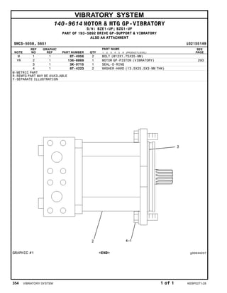 VIBRATORY SYSTEM
140-9614 MOTOR & MTG GP-VIBRATORY
S/N: BZE1-UP; BZG1-UP
PART OF 193-5892 DRIVE GP-SUPPORT & VIBRATORY
ALSO AN ATTACHMENT
SMCS-5058, 5651 i02155149
NOTE
REF
NO
GRAPHIC
REF PART NUMBER QTY
PART NAME
1 2 3 4 5 6 (PRODUCT LEVEL)
SEE
PAGE
M 1 1 8T-4956 2 BOLT (M12X1.75X35-MM)
YR 2 1 136-8869 1 MOTOR GP-PISTON (VIBRATORY) 293
3 1 3K-0715 1 SEAL-O-RING
4 1 8T-4223 2 WASHER-HARD (13.5X25.5X3-MM THK)
M-METRIC PART
R-REMFG PART MAY BE AVAILABLE
Y-SEPARATE ILLUSTRATION
GRAPHIC #1 <END> g00644237
354 VIBRATORY SYSTEM 1 of 1 KEBP0271-28
 