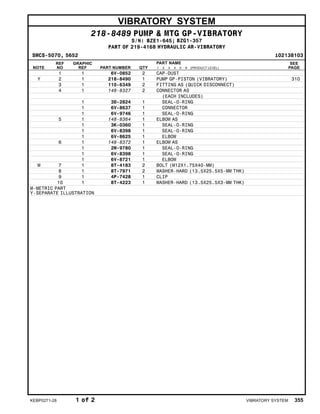 VIBRATORY SYSTEM
218-8489 PUMP & MTG GP-VIBRATORY
S/N: BZE1-645; BZG1-357
PART OF 219-4168 HYDRAULIC AR-VIBRATORY
SMCS-5070, 5652 i02138103
NOTE
REF
NO
GRAPHIC
REF PART NUMBER QTY
PART NAME
1 2 3 4 5 6 (PRODUCT LEVEL)
SEE
PAGE
1 1 6V-0852 2 CAP-DUST
Y 2 1 218-8490 1 PUMP GP-PISTON (VIBRATORY) 310
3 1 110-6349 2 FITTING AS (QUICK DISCONNECT)
4 1 148-8327 2 CONNECTOR AS
(EACH INCLUDES)
1 3D-2824 1 SEAL-O-RING
1 6V-8637 1 CONNECTOR
1 6V-9746 1 SEAL-O-RING
5 1 148-8364 1 ELBOW AS
1 3K-0360 1 SEAL-O-RING
1 6V-8398 1 SEAL-O-RING
1 6V-8625 1 ELBOW
6 1 148-8372 1 ELBOW AS
1 2M-9780 1 SEAL-O-RING
1 6V-8398 1 SEAL-O-RING
1 6V-8721 1 ELBOW
M 7 1 8T-4183 2 BOLT (M12X1.75X40-MM)
8 1 8T-7971 2 WASHER-HARD (13.5X25.5X5-MM THK)
9 1 4P-7428 1 CLIP
10 1 8T-4223 1 WASHER-HARD (13.5X25.5X3-MM THK)
M-METRIC PART
Y-SEPARATE ILLUSTRATION
KEBP0271-28 1 of 2 VIBRATORY SYSTEM 355
 