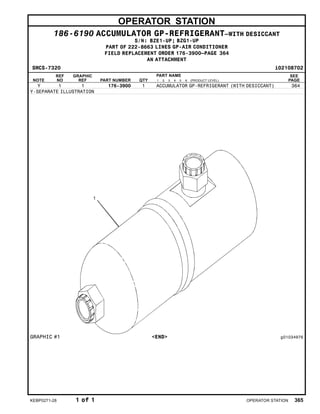 OPERATOR STATION
186-6190 ACCUMULATOR GP-REFRIGERANT–WITH DESICCANT
S/N: BZE1-UP; BZG1-UP
PART OF 222-8663 LINES GP-AIR CONDITIONER
FIELD REPLACEMENT ORDER 176-3900–PAGE 364
AN ATTACHMENT
SMCS-7320 i02108702
NOTE
REF
NO
GRAPHIC
REF PART NUMBER QTY
PART NAME
1 2 3 4 5 6 (PRODUCT LEVEL)
SEE
PAGE
Y 1 1 176-3900 1 ACCUMULATOR GP-REFRIGERANT (WITH DESICCANT) 364
Y-SEPARATE ILLUSTRATION
GRAPHIC #1 <END> g01034976
KEBP0271-28 1 of 1 OPERATOR STATION 365
 