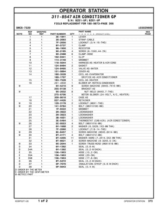OPERATOR STATION
311-8547 AIR CONDITIONER GP
S/N: BZE1-UP; BZG1-UP
FIELD REPLACEMENT FOR 180-9873–PAGE 366
SMCS-7320 i03029660
NOTE
REF
NO
GRAPHIC
REF PART NUMBER QTY
PART NAME
1 2 3 4 5 6 (PRODUCT LEVEL)
SEE
PAGE
1 1 3E-1841 1 LEVER
2 1 3S-2093 1 STRAP-CABLE
3 1 7F-2050 1 LOCKNUT (3/4-16-THD)
4 1 8Y-5737 1 CLAMP
5 1 9G-1950 1 RESISTOR
6 1 9X-2185 4 SCREW (8-15X0.44-IN)
7 1 9X-2488 6 CLAMP-HOSE
8 1 102-0341 1 CLIP
9 1 114-3140 1 GROMMET
10 1 118-5044 1 HARNESS AS-HEATER & AIR COND
11 1 124-8494 2 GASKET
12 1 124-8495 1 VALVE AS-WATER
13 1 151-0894 1 COVER AS
14 1 180-3528 1 COIL AS-EVAPORATOR
1 189-1707 1 ORIFICE AS-AIR CONDITIONER
15 1 183-7528 1 COIL AS-HEATER
16 1 281-4808 1 BLOWER GP-REFRIG CONDENSER
M 1 6V-5210 8 SCREW-MACHINE (M4X0.7X10-MM)
1 255-9138 1 BRACKET AS
M 1 9X-2032 8 NUT-WELD (M4X0.7-THD)
1 275-6706 1 MOTOR-BLOWER (24-VOLT, A/C, HEATER)
17 1 309-8618 1 CASE AS
18 1 037-4426 1 RETAINER
M 19 1 129-3178 2 LOCKNUT (M6X1-THD)
M 20 1 141-9784 1 BOLT (M6X1X190-MM)
21 1 1P-6522 1 GROMMET
22 1 2H-3922 1 LOCKWASHER
23 1 2H-3923 1 LOCKWASHER
24 1 3B-4501 2 LOCKWASHER
25 1 3E-5464 1 THERMOSTAT (CAB AIR) (AIR CONDITIONER)
M 26 1 5C-9553 4 BOLT (M6X1X16-MM)
27 1 6V-1668 2 WASHER (6.5X29.1X3-MM THK)
28 1 7F-2060 1 LOCKNUT (7/8-14-THD)
M 29 1 8C-8457 1 SCREW-MACHINE (M5X0.8X14-MM)
M 30 1 8T-4171 4 BOLT (M6X1X12-MM)
31 1 8T-4205 11 WASHER-HARD (7.2X14.5X2-MM THK)
32 1 8T-6631 2 SCREW-MACHINE (8-32X0.5-IN)
M 33 1 9X-2044 1 SCREW-TRUSS HEAD (M6X1X16-MM)
D 34 1 6V-1392 SEAL (0.6-M)
D 34A 1 6V-1392 SEAL (0.2-M EACH)
E 35 1 136-1953 HOSE (15.2-CM)
E 35A 1 136-1953 HOSE (23-CM)
E 35B 1 136-1953 HOSE (17.8-CM)
D 36 1 8T-5372 SEAL (0.2-M EACH)
D 37 1 5P-7070 INSULATION-STRIP (0.6-M EACH)
D 38 1 5P-5643 SEAL (0.4-M)
D-ORDER BY THE METER
E-ORDER BY THE CENTIMETER
M-METRIC PART
KEBP0271-28 1 of 2 OPERATOR STATION 373
 