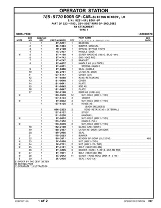 OPERATOR STATION
185-5770 DOOR GP-CAB–SLIDING WINDOW, LH
S/N: BZE1-UP; BZG1-UP
PART OF 223-4792, 254-5057 ROPS GP-ENCLOSED
AN ATTACHMENT
TYPE 1
SMCS-7308 i02898378
NOTE
REF
NO
GRAPHIC
REF PART NUMBER QTY
PART NAME
1 2 3 4 5 6 (PRODUCT LEVEL)
SEE
PAGE
1 1 3T-5201 1 BEARING
2 1 4E-1384 1 BUMPER-CONICAL
3 1 7W-2108 1 SPRING-BYPASS VALVE
4 1 7X-2497 1 HANDLE-DOOR
M 5 1 8T-4180 4 SCREW-MACHINE (M5X0.8X20-MM)
6 1 8T-4742 1 END-YOKE ROD
7 1 8T-4747 2 BRACKET
8 1 8Y-4807 1 HANDLE AS (LH DOOR)
1 8Y-4501 1 SPRING-HANDLE
9 1 8Y-6386 1 SEAL-HANDLE
10 1 9G-2761 1 LATCH AS-DOOR
11 1 107-6117 1 COVER (LH)
12 1 141-8580 1 RING-RETAINING
13 1 161-9640 1 COVER
14 1 161-9641 1 PLATE
15 1 161-9642 1 ROD AS
16 1 161-9647 1 PLATE
17 1 162-2188 1 DOOR AS (CAB-LH)
M 1 159-9539 12 NUT-WELD (M6X1-THD)
1 107-6104 2 INSERT
M 1 6V-9632 2 NUT-WELD (M6X1-THD)
1 107-6125 2 HINGE AS
(EACH INCLUDES)
1 096-2323 2 RING-RETAINING (EXTERNAL)
1 107-6127 1 STRIP
1 111-0200 1 HANDRAIL
M 1 6V-9632 1 NUT-WELD (M6X1-THD)
1 115-1552 1 HANDLE-PULL
M 1 159-9539 2 NUT-WELD (M6X1-THD)
18 1 162-2190 1 GLASS-CAB (DOOR)
19 1 168-2457 1 LATCH AS-DOOR (LH DOOR)
20 1 169-3995 1 SEAL
21 1 178-2593 1 BUMPER
Y 22 1 180-3871 1 WINDOW GP-DOOR (SLIDING) 480
M 23 1 5C-2890 1 NUT (M6X1-THD)
M 24 1 5C-7261 2 NUT (M8X1.25-THD)
M 25 1 8T-4181 5 BOLT (M6X1X20-MM)
26 1 8T-4205 6 WASHER-HARD (7.2X14.5X2-MM THK)
M 27 1 8T-4971 4 BOLT (M6X1X30-MM)
M 28 1 9X-2042 11 SCREW-TRUSS HEAD (M6X1X12-MM)
E 29 1 3E-3805 SEAL (420-CM)
E-ORDER BY THE CENTIMETER
M-METRIC PART
Y-SEPARATE ILLUSTRATION
KEBP0271-28 1 of 2 OPERATOR STATION 397
 