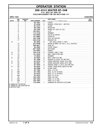 OPERATOR STATION
306-8141 HEATER GP-CAB
S/N: BZE1-UP; BZG1-UP
FIELD REPLACEMENT FOR 180-9874–PAGE 411
SMCS-7304 i02843860
NOTE
REF
NO
GRAPHIC
REF PART NUMBER QTY
PART NAME
1 2 3 4 5 6 (PRODUCT LEVEL)
SEE
PAGE
1 1 3E-1841 1 LEVER
2 1 6T-6708 2 WASHER (7X28.6X4.1-MM THK)
3 1 8Y-5737 1 CLAMP
4 1 9G-1950 1 RESISTOR
5 1 9X-2185 4 SCREW (8-15X0.44-IN)
6 1 102-0341 1 CLIP
7 1 114-3140 1 GROMMET
8 1 124-8495 1 VALVE AS-WATER
9 1 151-0894 1 COVER AS
10 1 183-7528 1 COIL AS-HEATER
11 1 255-9138 1 BRACKET AS
M 1 9X-2032 8 NUT-WELD (M4X0.7-THD)
12 1 275-6706 1 MOTOR-BLOWER (24-VOLT, A/C, HEATER)
13 1 309-8677 1 CASE AS
14 1 3S-2093 1 STRAP-CABLE
15 1 037-4426 1 RETAINER
16 1 124-8494 1 GASKET
M 17 1 129-3178 2 LOCKNUT (M6X1-THD)
M 18 1 141-9784 1 BOLT (M6X1X190-MM)
19 1 1P-6522 1 GROMMET
M 20 1 5C-9553 6 BOLT (M6X1X16-MM)
21 1 6V-1668 2 WASHER (6.5X29.1X3-MM THK)
M 22 1 6V-5210 8 SCREW-MACHINE (M4X0.7X10-MM)
M 23 1 8C-8457 1 SCREW-MACHINE (M5X0.8X14-MM)
25 1 8T-4205 9 WASHER-HARD (7.2X14.5X2-MM THK)
M 26 1 9X-2044 1 SCREW-TRUSS HEAD (M6X1X16-MM)
27 1 9X-2488 6 CLAMP-HOSE
D 28 1 6V-1392 SEAL (0.6-M)
D 28A 1 6V-1392 SEAL (0.07-M EACH)
D 29 1 8T-5372 SEAL (0.13-M EACH)
D 29A 1 8T-5372 SEAL (0.15-M)
E 30 1 136-1953 HOSE (23-CM)
E 30A 1 136-1953 HOSE (17.8-CM)
E 30B 1 136-1953 HOSE (15.2-CM)
31 1 118-5044 1 HARNESS AS-HEATER & AIR COND
D-ORDER BY THE METER
E-ORDER BY THE CENTIMETER
M-METRIC PART
KEBP0271-28 1 of 2 OPERATOR STATION 413
 