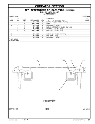 OPERATOR STATION
107-4643 MIRROR GP-REAR VIEW–INTERIOR
S/N: BZE1-UP; BZG1-UP
AN ATTACHMENT
SMCS-7319 i02857416
NOTE
REF
NO
GRAPHIC
REF PART NUMBER QTY
PART NAME
1 2 3 4 5 6 (PRODUCT LEVEL)
SEE
PAGE
1 1 5P-6872 2 MIRROR AS (INTERIOR, FRONT)
2 1 114-3956 2 PLATE
M 3 1 5C-9553 4 BOLT (M6X1X16-MM)
4 1 8T-4205 4 WASHER-HARD (7.2X14.5X2-MM THK)
5 1 3K-6060 2 LOCKNUT (3/8-16-THD)
6 1 235-4546 2 NUT-JAM (3/8-16-THD)
F 9X-8256 4 WASHER (6.6X12X2-MM THK)
FM 5C-2890 2 NUT (M6X1-THD)
FM 5C-9553 2 BOLT (M6X1X16-MM)
F-NOT SHOWN
M-METRIC PART
GRAPHIC #1 <END> g01427257
KEBP0271-28 1 of 1 OPERATOR STATION 421
 