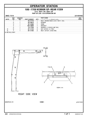 OPERATOR STATION
186-1709 MIRROR GP-REAR VIEW
S/N: BZE1-UP; BZG1-UP
PART OF 236-1518 OPERATOR AR
SMCS-7319 i01404492
NOTE
REF
NO
GRAPHIC
REF PART NUMBER QTY
PART NAME
1 2 3 4 5 6 (PRODUCT LEVEL)
SEE
PAGE
1 1 5K-9179 1 BOLT-ROUND HEAD (3/8-16X11-IN)
2 1 5P-6874 1 MIRROR
3 1 9P-9388 1 KNOB
4 1 186-0898 1 BRACKET
5 1 7X-7729 4 WASHER (11X25X3-MM THK)
M 6 1 8T-4133 2 NUT (M10X1.5-THD)
M 7 1 8T-4195 2 BOLT (M10X1.5X30-MM)
M-METRIC PART
GRAPHIC #1 <END> g00672669
422 OPERATOR STATION 1 of 1 KEBP0271-28
 