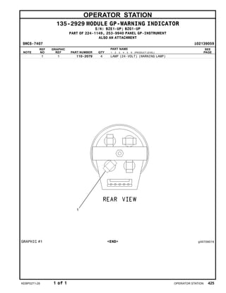 OPERATOR STATION
135-2929 MODULE GP-WARNING INDICATOR
S/N: BZE1-UP; BZG1-UP
PART OF 224-1149, 253-9940 PANEL GP-INSTRUMENT
ALSO AN ATTACHMENT
SMCS-7407 i02139059
NOTE
REF
NO
GRAPHIC
REF PART NUMBER QTY
PART NAME
1 2 3 4 5 6 (PRODUCT LEVEL)
SEE
PAGE
1 1 110-2079 4 LAMP (24-VOLT) (WARNING LAMP)
GRAPHIC #1 <END> g00709016
KEBP0271-28 1 of 1 OPERATOR STATION 425
 