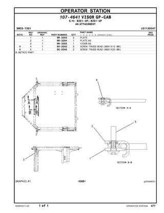 OPERATOR STATION
107-4641 VISOR GP-CAB
S/N: BZE1-UP; BZG1-UP
AN ATTACHMENT
SMCS-7301 i01130547
NOTE
REF
NO
GRAPHIC
REF PART NUMBER QTY
PART NAME
1 2 3 4 5 6 (PRODUCT LEVEL)
SEE
PAGE
1 1 9R-3203 2 PLATE
2 1 9R-3204 1 PLATE AS
3 1 9R-3205 1 VISOR AS
M 4 1 9X-2042 2 SCREW-TRUSS HEAD (M6X1X12-MM)
M 5 1 9X-2045 2 SCREW-TRUSS HEAD (M6X1X20-MM)
M-METRIC PART
GRAPHIC #1 <END> g00599031
KEBP0271-28 1 of 1 OPERATOR STATION 477
 