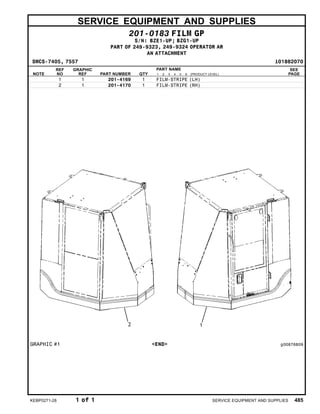 SERVICE EQUIPMENT AND SUPPLIES
201-0183 FILM GP
S/N: BZE1-UP; BZG1-UP
PART OF 249-9323, 249-9324 OPERATOR AR
AN ATTACHMENT
SMCS-7405, 7557 i01882070
NOTE
REF
NO
GRAPHIC
REF PART NUMBER QTY
PART NAME
1 2 3 4 5 6 (PRODUCT LEVEL)
SEE
PAGE
1 1 201-4169 1 FILM-STRIPE (LH)
2 1 201-4170 1 FILM-STRIPE (RH)
GRAPHIC #1 <END> g00876809
KEBP0271-28 1 of 1 SERVICE EQUIPMENT AND SUPPLIES 485
 