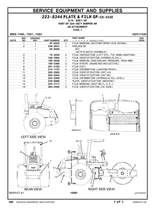 SERVICE EQUIPMENT AND SUPPLIES
223-8344 PLATE & FILM GP–CS-533E
S/N: BZE1-UP
PART OF 224-0871 BUMPER AR
AN ATTACHMENT
TYPE 1
SMCS-7405, 7557, 7563 i02417436
NOTE
REF
NO
GRAPHIC
REF PART NUMBER QTY
PART NAME
1 2 3 4 5 6 (PRODUCT LEVEL)
SEE
PAGE
1 1 4P-6422 1 FILM-WARNING (NO ETHER SPRAY/AIR INTAKE)
2 1 246-2641 1 PADLOCK GP
1 5P-8500 KEY
(WITH PLASTIC OVERMOLD)
3 1 7X-3229 4 FILM-INSTRUCTION (LIFT EYE, TIE-DOWN LOCATION)
5 1 158-7864 1 FILM-IDENTIFICATION (HYDRAULIC OIL)
6 1 190-2938 1 FILM-WARNING (ENG COOLANT PRESSURE, READ OMM)
7 1 190-5386 2 FILM-STRIPE (ROUND RED REFLECTIVE)
8 1 201-4162 1 FILM (CAT)
9 1 214-1737 4 FILM-INFORMATION (JACKING POINT)
11 1 263-2562 1 FILM-IDENTIFICATION (CAT LH)
12 1 263-2563 1 FILM-IDENTIFICATION (CAT RH)
13 1 234-3390 1 FILM-INFORMATION (HYDRAULIC OIL LEVEL)
14 1 239-6986 1 PLATE-IDENTIFICATION (MACHINE)
15 1 224-7717 1 FILM-WARNING (SEAT BELT, U.S.)
16 1 263-2565 2 FILM-IDENTIFICATION (CS-533E)
GRAPHIC #1 <END> g01240047
490 SERVICE EQUIPMENT AND SUPPLIES 1 of 1 KEBP0271-28
 
