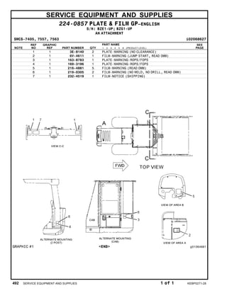 SERVICE EQUIPMENT AND SUPPLIES
224-0857 PLATE & FILM GP–ENGLISH
S/N: BZE1-UP; BZG1-UP
AN ATTACHMENT
SMCS-7405, 7557, 7563 i02068627
NOTE
REF
NO
GRAPHIC
REF PART NUMBER QTY
PART NAME
1 2 3 4 5 6 (PRODUCT LEVEL)
SEE
PAGE
1 1 3E-8140 2 PLATE-WARNING (NO CLEARANCE)
2 1 6V-4611 1 FILM-WARNING (JUMP START, READ OMM)
3 1 163-8783 1 PLATE-WARNING-ROPS/FOPS
4 1 169-3196 1 PLATE-WARNING-ROPS/FOPS
5 1 216-4881 5 FILM-WARNING (READ OMM)
6 1 219-0305 2 FILM-WARNING (NO WELD, NO DRILL, READ OMM)
7 1 232-4519 1 FILM-NOTICE (SHIPPING)
GRAPHIC #1 <END> g01064681
492 SERVICE EQUIPMENT AND SUPPLIES 1 of 1 KEBP0271-28
 