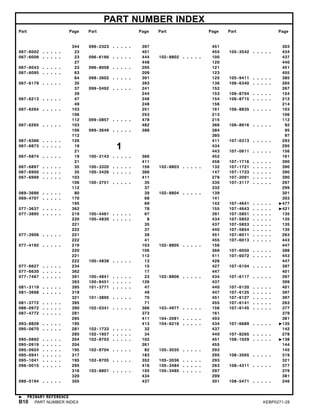 PART NUMBER INDEX
Part Page Part Page Part Page Part Page
344
067-6002 . . . . . 23
067-6006 . . . . . 23
27
067-6043 . . . . . 23
067-6095 . . . . . 63
64
067-6179 . . . . . 35
37
39
067-6213 . . . . . 47
49
067-6264 . . . . . 103
106
112
067-6265 . . . . . 103
106
112
067-6366 . . . . . 126
067-6873 . . . . . 19
21
067-6874 . . . . . 19
21
067-6897 . . . . . 35
067-6900 . . . . . 35
067-6999 . . . . . 103
106
112
069-3686 . . . . . 80
069-4707 . . . . . 170
195
077-3637 . . . . . 362
077-3895 . . . . . 219
220
221
222
077-3906 . . . . . 221
222
077-4192 . . . . . 219
220
221
222
077-6627 . . . . . 234
077-6630 . . . . . 362
077-7467 . . . . . 391
393
081-3119 . . . . . 395
081-3698 . . . . . 319
321
081-3772 . . . . . 395
086-0972 . . . . . 390
087-4772 . . . . . 281
285
093-8828 . . . . . 195
095-0670 . . . . . 281
285
095-0892 . . . . . 204
095-0919 . . . . . 204
095-0924 . . . . . 195
095-0941 . . . . . 317
095-1041 . . . . . 195
096-0015 . . . . . 295
316
320
096-0194 . . . . . 305
096-2323 . . . . . 397
401
096-6166 . . . . . 444
448
096-8058 . . . . . 205
209
098-3602 . . . . . 391
393
099-0492 . . . . . 241
244
246
248
251
253
099-0857 . . . . . 478
482
099-3649 . . . . . 388
1
100-3143 . . . . . 366
411
100-3320 . . . . . 156
100-3426 . . . . . 366
411
100-3751 . . . . . 35
37
39
68
69
78
100-4461 . . . . . 67
100-4830 . . . . . 8
35
37
39
41
103
106
112
100-4838 . . . . . 13
15
17
100-4841 . . . . . 23
100-8451 . . . . . 126
101-3771 . . . . . 47
49
101-3895 . . . . . 70
71
102-0341 . . . . . 366
373
411
413
102-1733 . . . . . 32
102-1957 . . . . . 34
102-8703 . . . . . 102
261
102-8704 . . . . . 82
183
102-8705 . . . . . 352
416
102-8801 . . . . . 155
434
437
451
455
102-8802 . . . . . 100
120
121
123
125
136
152
153
154
156
161
213
215
366
384
385
411
434
443
452
456
102-8803 . . . . . 132
147
278
330
332
102-8804 . . . . . 139
141
142
155
391
434
437
440
451
455
102-8805 . . . . . 156
366
411
426
427
447
102-8806 . . . . . 434
437
440
447
451
455
103-4977 . . . . . 156
161
104-2091 . . . . . 403
104-6216 . . . . . 434
437
440
451
455
105-3035 . . . . . 293
295
105-3036 . . . . . 293
105-3484 . . . . . 263
105-3485 . . . . . 297
299
301
303
105-3542 . . . . . 434
437
440
451
455
105-9411 . . . . . 385
106-6340 . . . . . 265
267
106-8704 . . . . . 154
106-8715 . . . . . 212
214
106-8835 . . . . . 103
106
112
106-8916 . . . . . 92
95
97
107-0313 . . . . . 293
295
107-0611 . . . . . 156
161
107-1716 . . . . . 390
107-1721 . . . . . 390
107-1723 . . . . . 390
107-2091 . . . . . 390
107-3117 . . . . . 297
299
301
303
107-4641 . . . . . 477
107-4643 . . . . . 421
107-5851 . . . . . 135
107-5852 . . . . . 135
107-5853 . . . . . 135
107-5854 . . . . . 135
107-6011 . . . . . 263
107-6013 . . . . . 443
447
107-6050 . . . . . 388
107-6072 . . . . . 443
447
107-6104 . . . . . 397
401
107-6117 . . . . . 397
399
107-6120 . . . . . 401
107-6125 . . . . . 397
107-6127 . . . . . 397
107-6141 . . . . . 263
107-6145 . . . . . 377
379
381
107-6689 . . . . . 135
142
107-8265 . . . . . 278
108-1029 . . . . . 138
144
145
108-3565 . . . . . 319
321
108-4311 . . . . . 377
379
381
108-5471 . . . . . 246
PRIMARY REFERENCE
B10 PART NUMBER INDEX KEBP0271-28
 