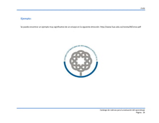 CUDI

Ejemplo:
Se puede encontrar un ejemplo muy significativo de un ensayo en la siguiente dirección: http://www.fuac.edu.co/revista/M/cinco.pdf

Catalogo de rubricas para la evaluación del aprendizaje
Página 24

 