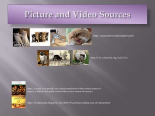 Picture and Video Sourceshttp://cutecatsofworld.blogspot.com/http://en.wikipedia.org/wiki/Cathttp://www.lyricspond.com/artist-presidents-of-the-united-states-of-america/album-the-presidents-of-the-united-states-of-americahttp://yokulandia.blogspot.com/2010/07/primus-sealing-seas-of-cheese.html