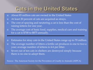 Cats in the United StatesAbout 85 million cats are owned in the United StatesAt least 20 percent of cats are acquired as strays.The cost of spaying and neutering a cat is less than the cost of raising kittens for one year. The average cost of basic food, supplies, medical care and training for a cat is $700 to $875 annually. Estimates for stray cats in the United States range up to 70 million.The average number of litters a fertile cat produces is one to two a year; average number of kittens is 4-6 per litter. Seven out of ten cats in shelters are destroyed simply because there is no one to adopt them. Source:  The American Society for the Prevention of Cruelty to Animals (ASPCA)