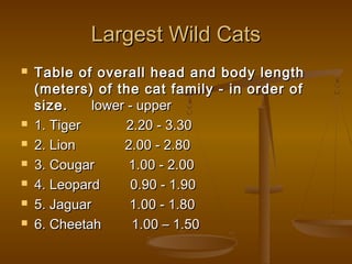 Largest Wild Cats
   Table of overall head and body length
    (meters) of the cat family - in order of
    size.     lower - upper
   1. Tiger        2.20 - 3.30
   2. Lion        2.00 - 2.80
   3. Cougar       1.00 - 2.00
   4. Leopard       0.90 - 1.90
   5. Jaguar       1.00 - 1.80
   6. Cheetah       1.00 – 1.50
 