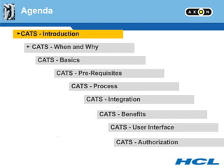 Agenda

►CATS - Introduction

   ► CATS - When and Why

      CATS - Basics

            CATS - Pre-Requisites

                 CATS - Process

                       CATS - Integration

                           CATS - Benefits

                               CATS - User Interface

                                CATS - Authorization
 