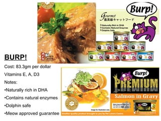 BURP! Cost: 83.3gm per dollar  Vitamins E, A, D3 Notes: Naturally rich in DHA Contains natural enzymes Dolphin safe Meow approved guarantee 