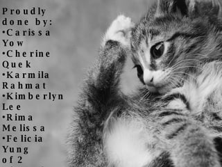 Proudly done by: Carissa Yow Cherine Quek Karmila Rahmat Kimberlyn Lee Rima Melissa Felicia Yung of 2 Sincerity ‘08, Holy Innocents’ High School. With help from our teachers, Ms Chong & Ms Chin. 