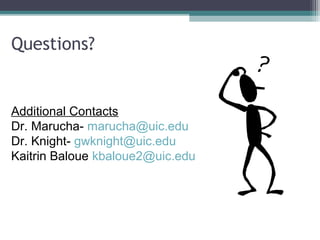 Questions?


Additional Contacts
Dr. Marucha- marucha@uic.edu
Dr. Knight- gwknight@uic.edu
Kaitrin Baloue kbaloue2@uic.edu
 