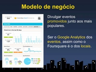 Modelo de negócio
        Divulgar eventos
        promovidos junto aos mais
        populares.


        Ser o Google Analytics dos
        eventos, assim como o
        Foursquare é o dos locais.
 