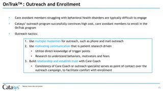 • Care avoidant members struggling with behavioral health disorders are typically difficult to engage
• Catasys’ outreach program successfully convinces high cost, care avoidant members to enroll in the
OnTrak program
• Outreach tactics:
15
OnTrakTM : Outreach and Enrollment
Source: Catasys data and analysis
1. Use multiple modalities for outreach, such as phone and mail outreach
2. Use motivating communication that is patient research driven
• Utilize direct knowledge of trigger points
• Research to understand behaviors, motivators and fears
3. Build relationship and establish trust with Care Coach
• Consistency of Care Coach or outreach specialist serves as point of contact over the
outreach campaign, to facilitate comfort with enrollment
 