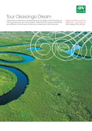 Tour Okavango Dream 
L’ultima Africa incontaminata vive nella larga fascia che collega il fiume Okavango con 
il fiume Zambesi. Qui non ci sono strade e i trasferimenti fra i lussuosi campi tendati 
sono effettuati con piccoli aerei bimotore per un’esperienza di safari senza pari. 
Quote individuali a partire da 
4.800 Euro - 11 giorni/8 notti 
Vedi catalogo Africa del Sud 
 