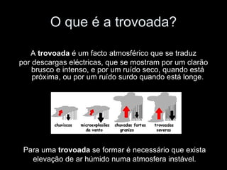 O que é a trovoada? A  trovoada  é um facto atmosférico que se traduz por descargas eléctricas, que se mostram por um clarão brusco e intenso, e por um ruído seco, quando está próxima, ou por um ruído surdo quando está longe. Para uma  trovoada  se formar é necessário que exista elevação de ar húmido numa atmosfera instável. 