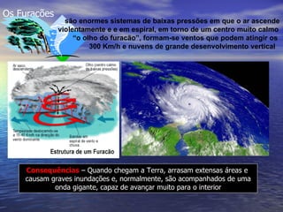 Os Furacões são enormes sistemas de baixas pressões em que o ar ascende violentamente e e em espiral, em torno de um centro muito calmo “ o olho do furacão”, formam-se ventos que podem atingir os  300 Km/h e nuvens de grande desenvolvimento vertical Consequências  – Quando chegam a Terra, arrasam extensas áreas e  causam graves inundações e, normalmente, são acompanhados de uma onda gigante, capaz de avançar muito para o interior 