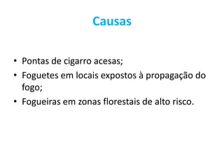 Causas

• Pontas de cigarro acesas;
• Foguetes em locais expostos à propagação do
  fogo;
• Fogueiras em zonas florestais de alto risco.
 