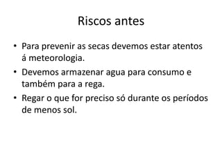Riscos antes
• Para prevenir as secas devemos estar atentos
  á meteorologia.
• Devemos armazenar agua para consumo e
  também para a rega.
• Regar o que for preciso só durante os períodos
  de menos sol.
 