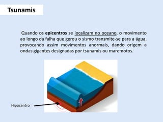 Quando os epicentros se localizam no oceano, o movimento
ao longo da falha que gerou o sismo transmite-se para a água,
provocando assim movimentos anormais, dando origem a
ondas gigantes designadas por tsunamis ou maremotos.
Tsunamis
Hipocentro
 